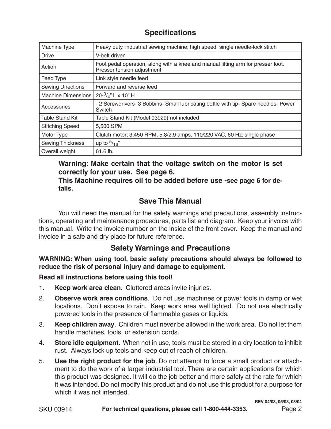 Chicago Electric 3914 manual Specifications, Save This Manual, Safety Warnings and Precautions, Sku 