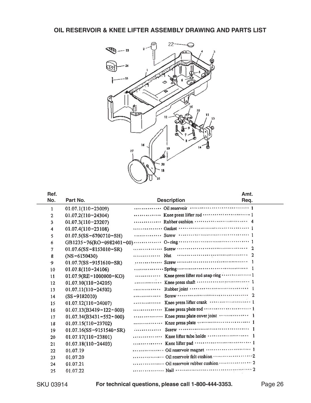 Chicago Electric 3914 manual OIL Reservoir & Knee Lifter Assembly Drawing and Parts List 