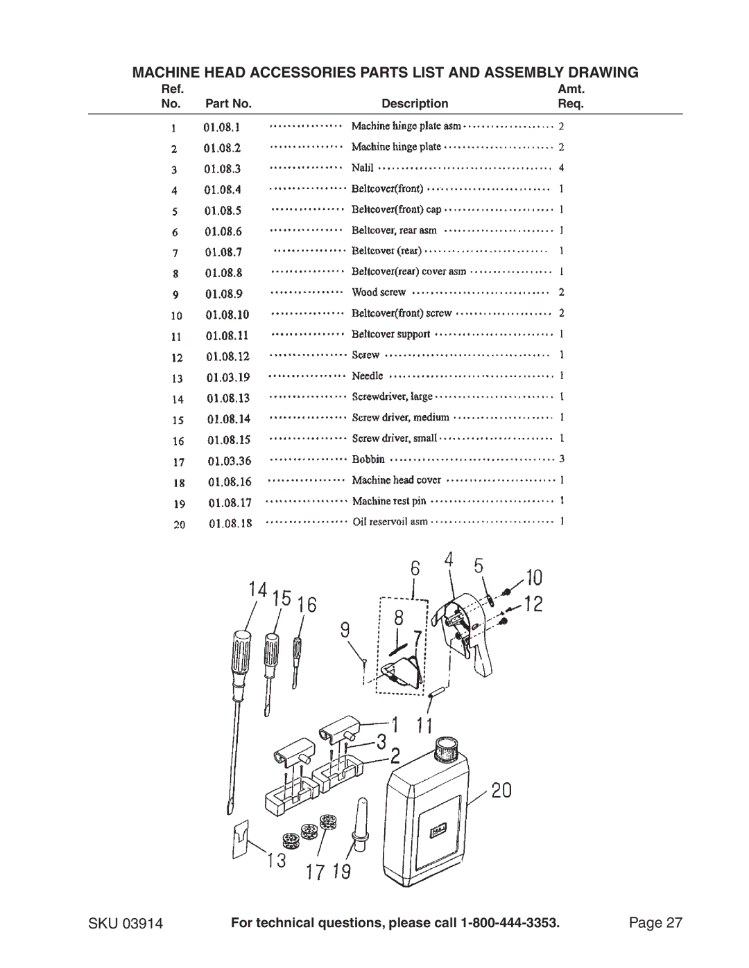 Chicago Electric 3914 manual Machine Head Accessories Parts List and Assembly Drawing 