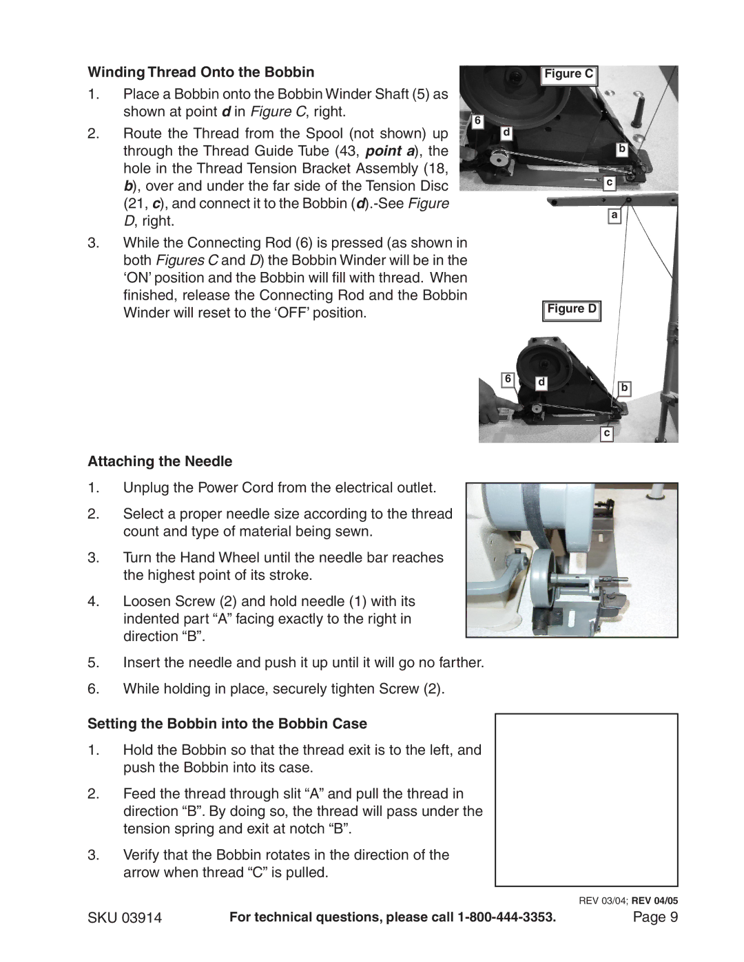 Chicago Electric 3914 manual Winding Thread Onto the Bobbin, Attaching the Needle, Setting the Bobbin into the Bobbin Case 