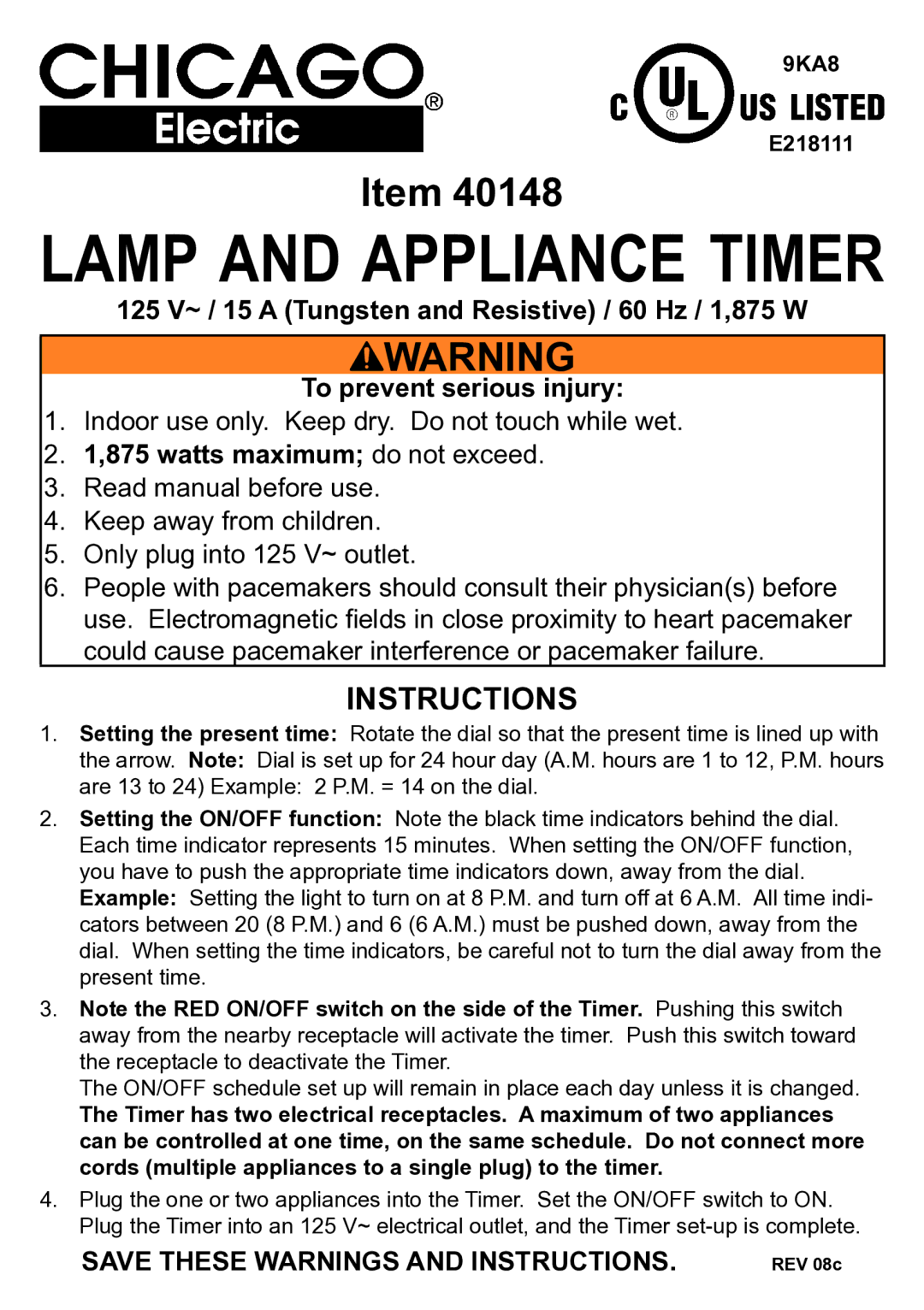 Chicago Electric 40148 manual Lamp and Appliance Timer, Instructions, watts maximum do not exceed 