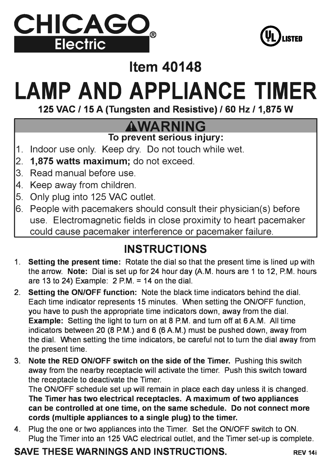 Chicago Electric 40148 manual Lamp and Appliance Timer, Instructions, To prevent serious injury, Read manual before use 