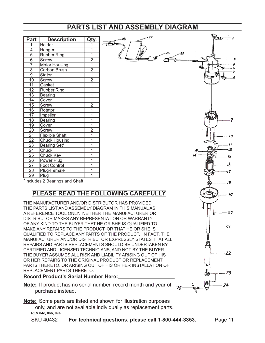 Chicago Electric 40432 Parts List and Assembly Diagram, Part Description Qty, Record Product’s Serial Number Here 