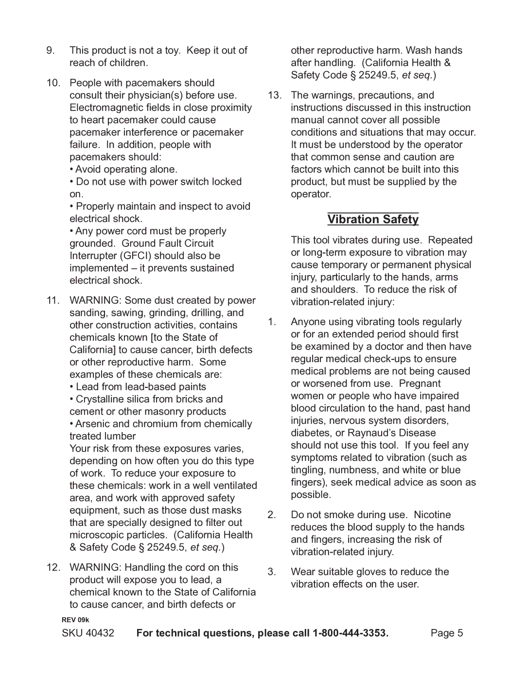 Chicago Electric 40432 operating instructions Vibration Safety 