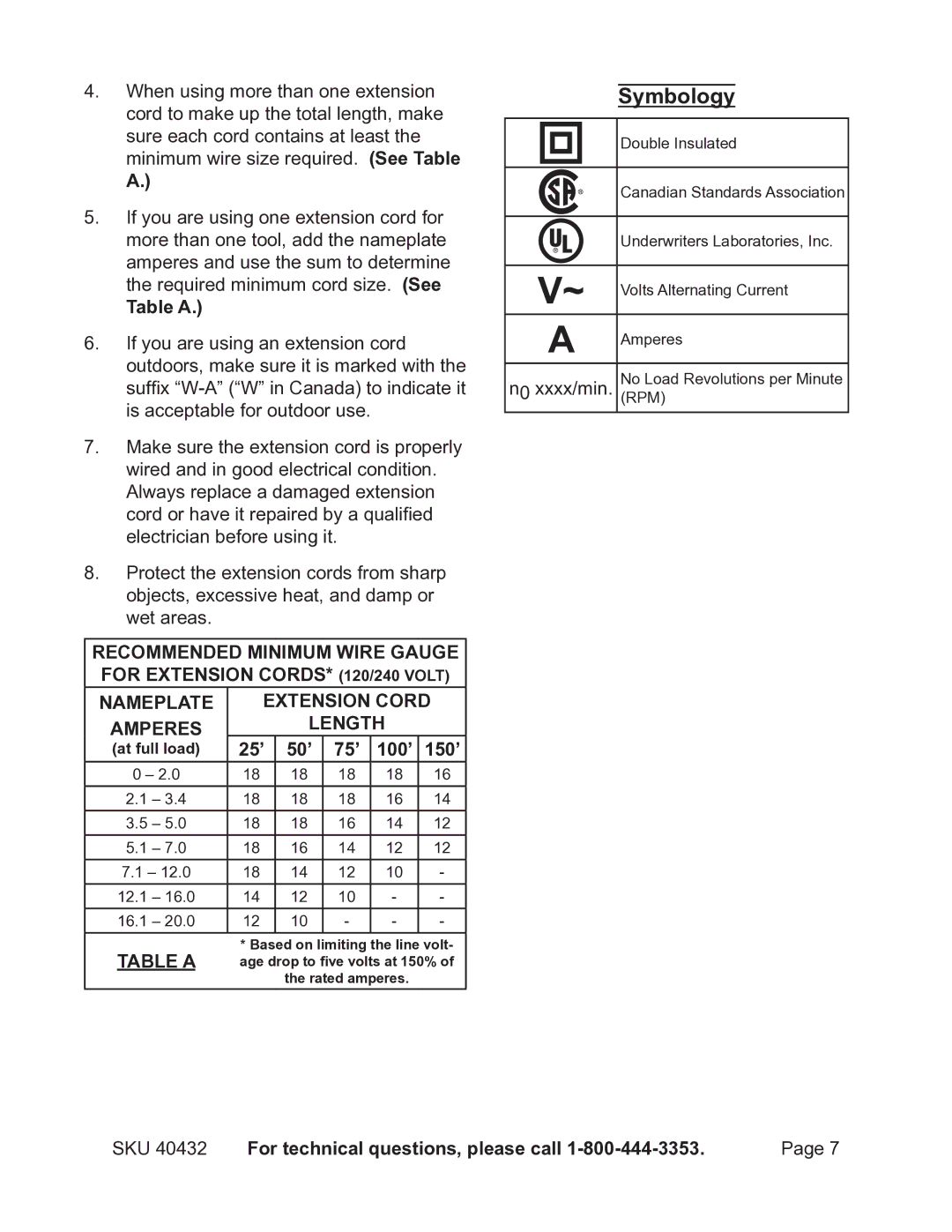 Chicago Electric 40432 operating instructions Symbology, Table a, 25’ 50’ 75’ 100’ 150’ 