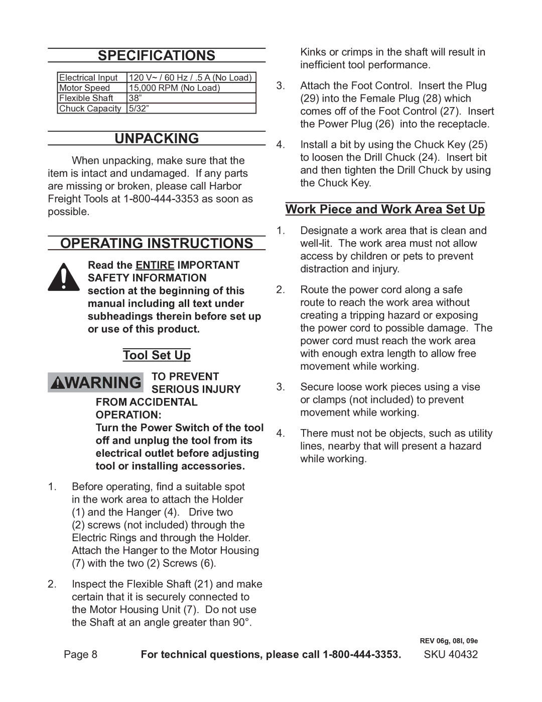 Chicago Electric 40432 Specifications, Unpacking, Operating Instructions, Tool Set Up, Work Piece and Work Area Set Up 