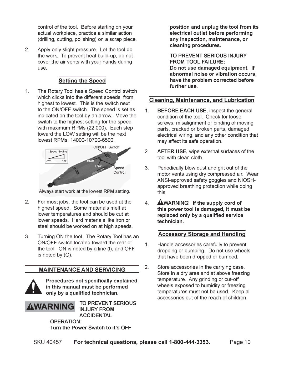 Chicago Electric 40457 Setting the Speed, Maintenance And Servicing, Cleaning, Maintenance, and Lubrication 