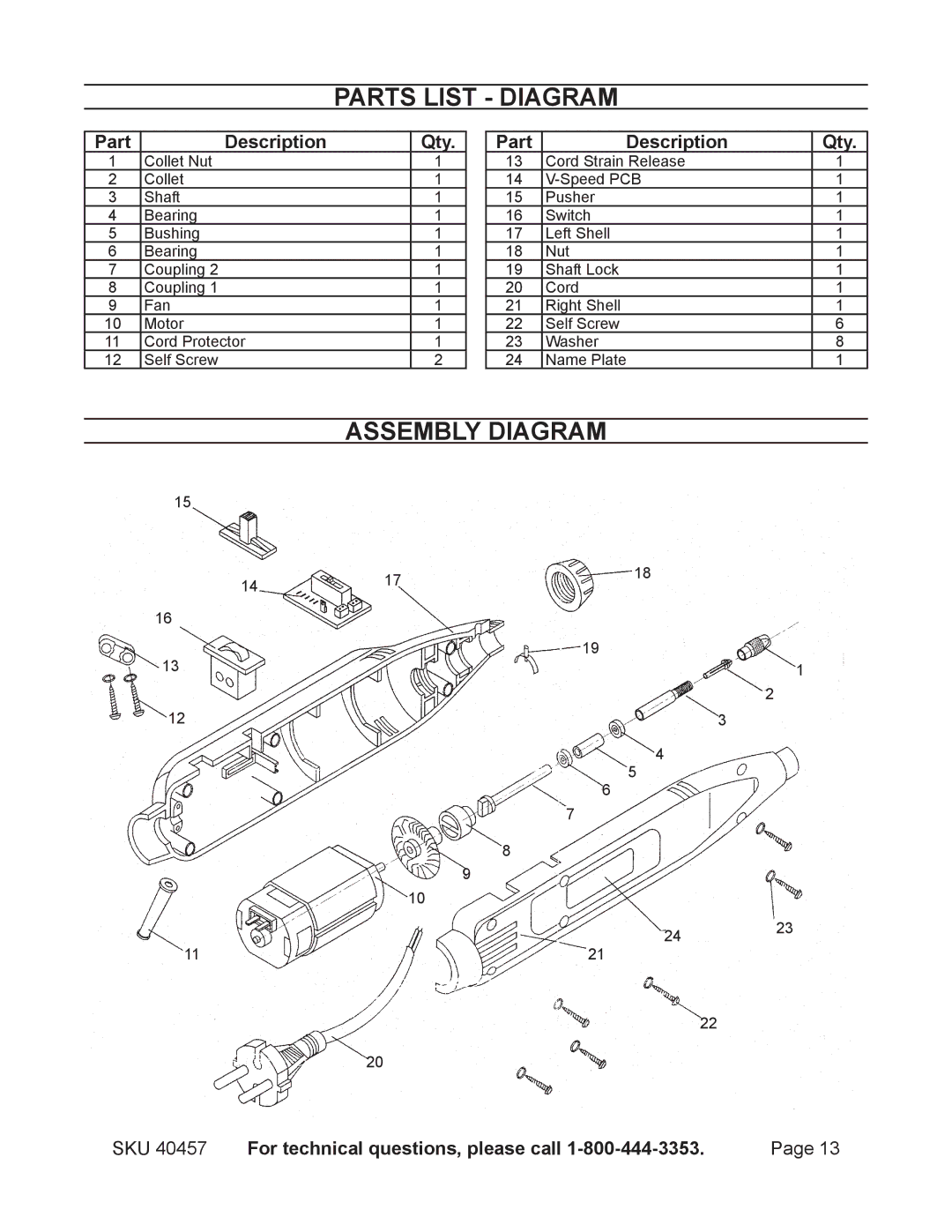 Chicago Electric 40457 operating instructions Qty Part Description 