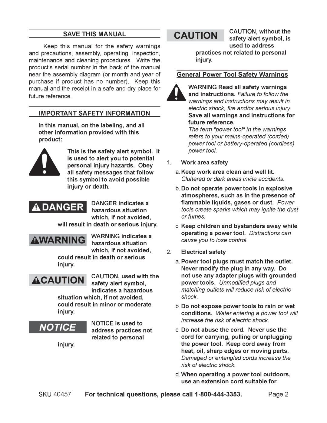 Chicago Electric 40457 Save This Manual, Important Safety Information, General Power Tool Safety Warnings 