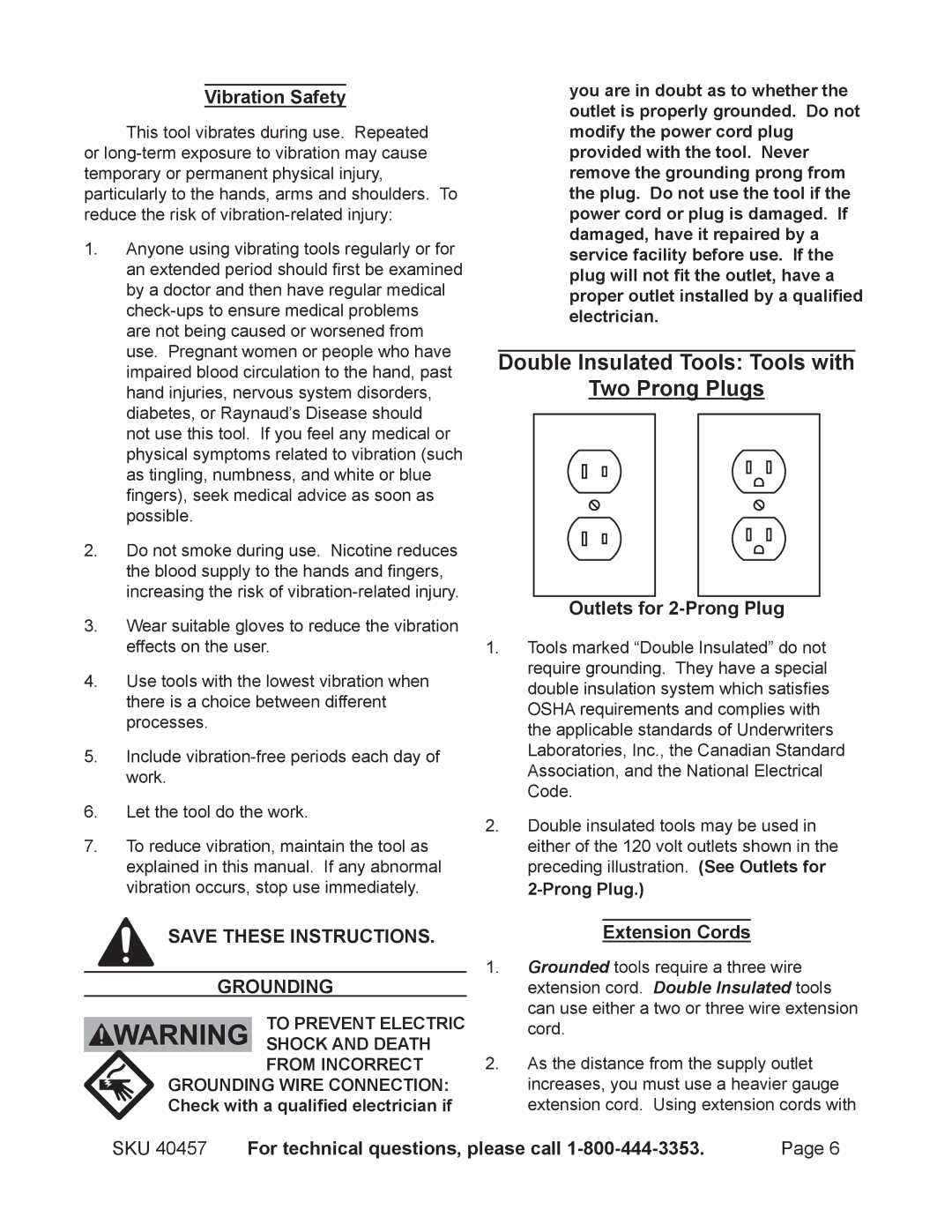 Chicago Electric 40457 operating instructions Vibration Safety, Outlets for 2-Prong Plug, Grounding, Extension Cords 