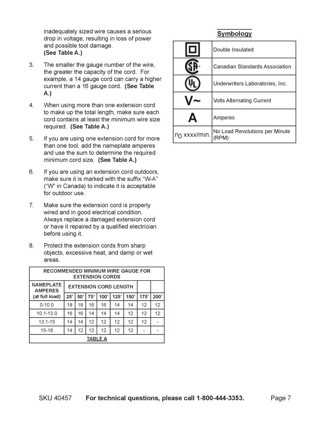 Chicago Electric 40457 operating instructions Symbology, See Table a 