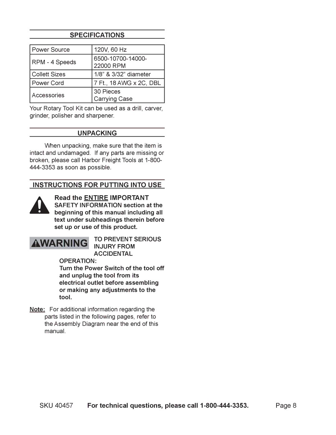 Chicago Electric 40457 Specifications, Unpacking, Instructions for putting into use Read the entire Important 