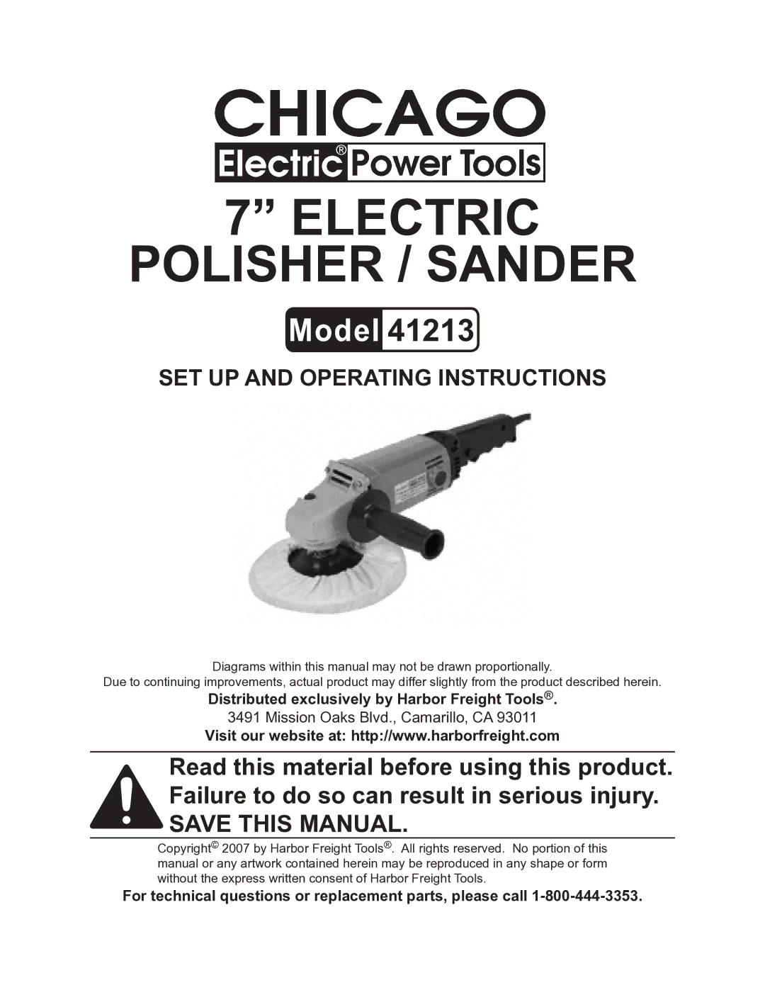 Chicago Electric 41213 operating instructions Distributed exclusively by Harbor Freight Tools 