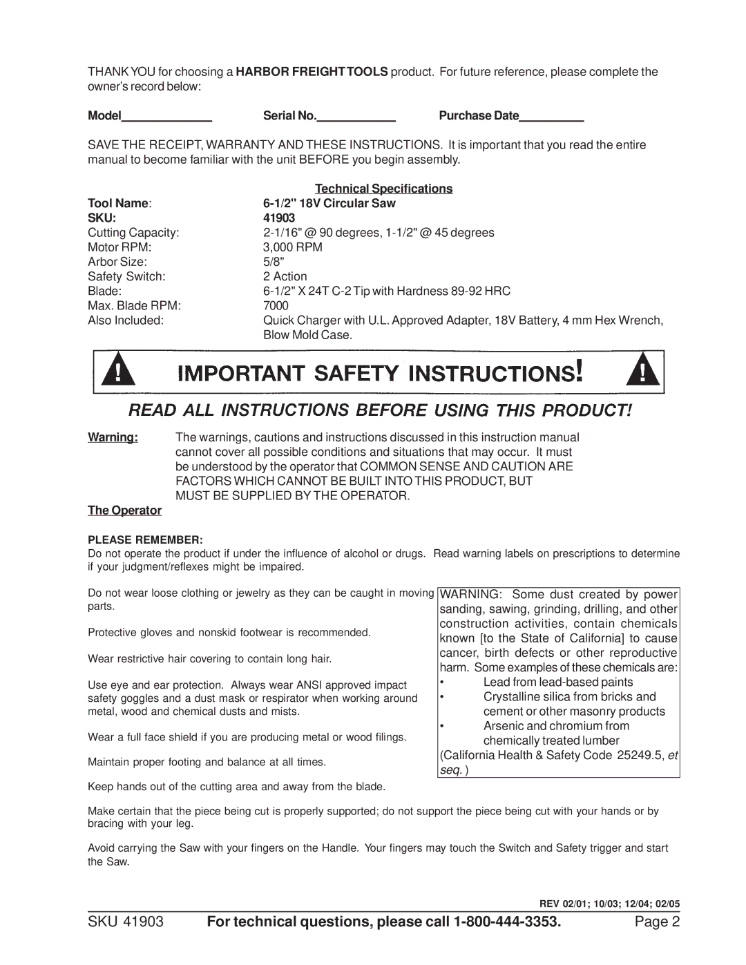 Chicago Electric 41903 operating instructions SKU For technical questions, please call 