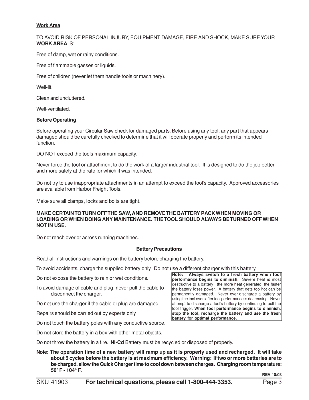 Chicago Electric 41903 operating instructions Work Area, Before Operating, Battery Precautions 
