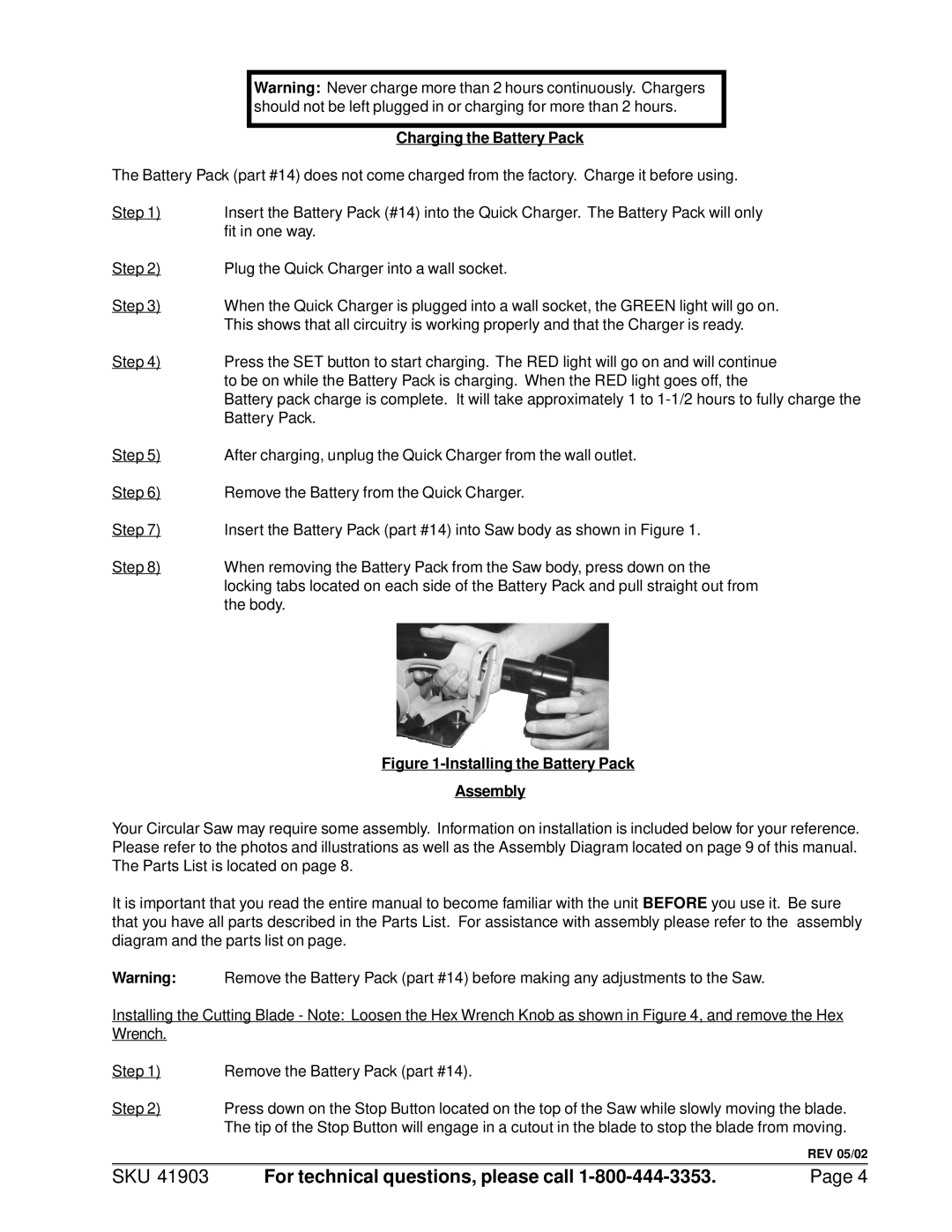 Chicago Electric 41903 operating instructions Charging the Battery Pack, Installing the Battery Pack Assembly 