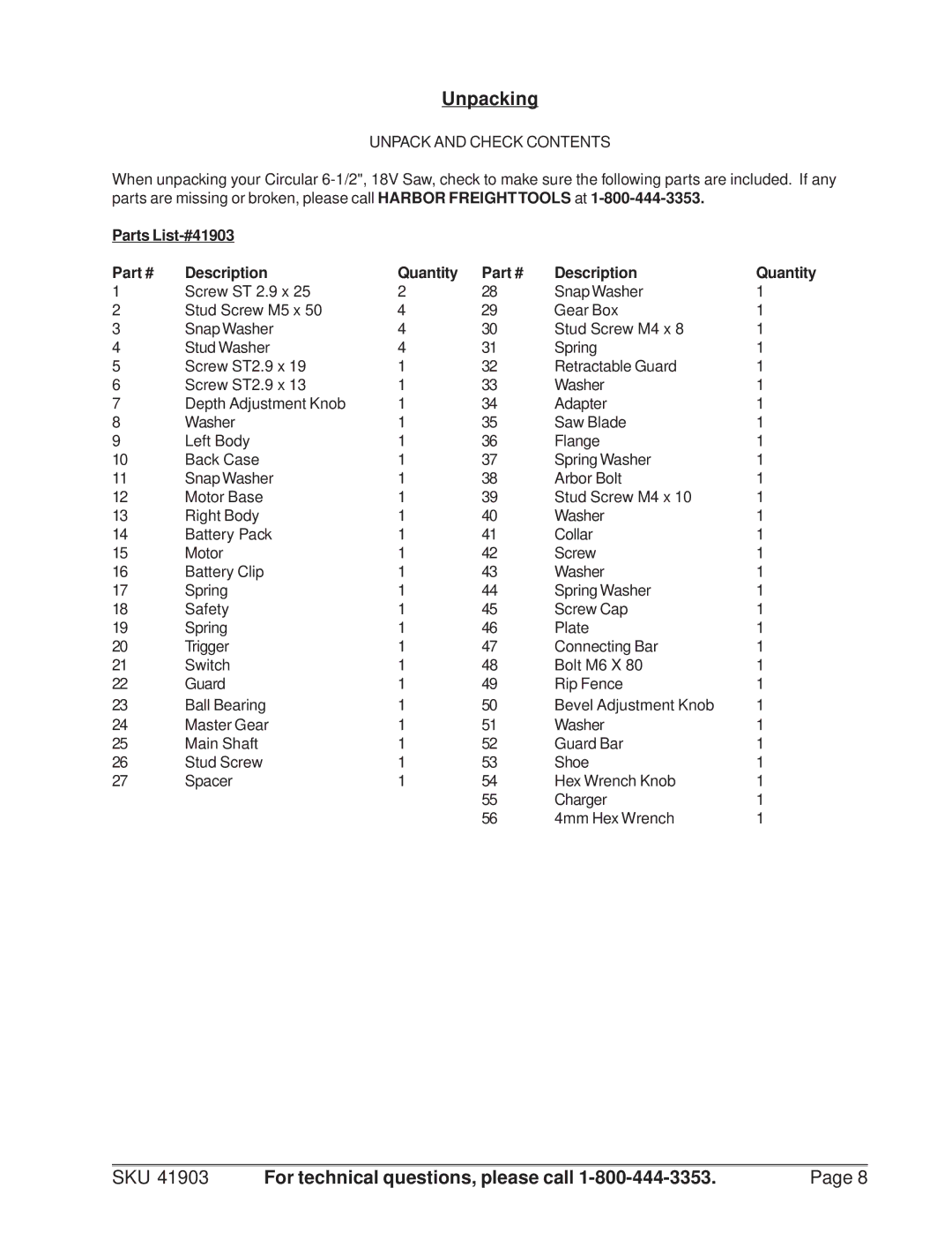 Chicago Electric operating instructions Unpacking, Parts List-#41903 Description Quantity 