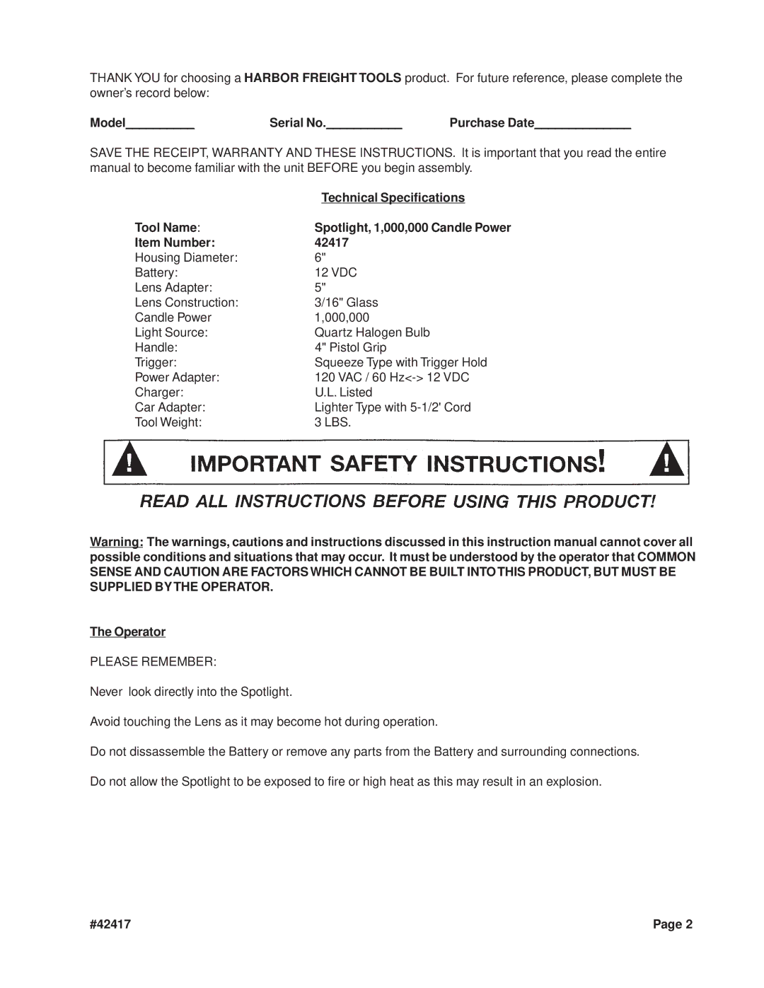 Chicago Electric Model Serial No Purchase Date, Technical Specifications, Tool Name, Item Number 42417, Operator 