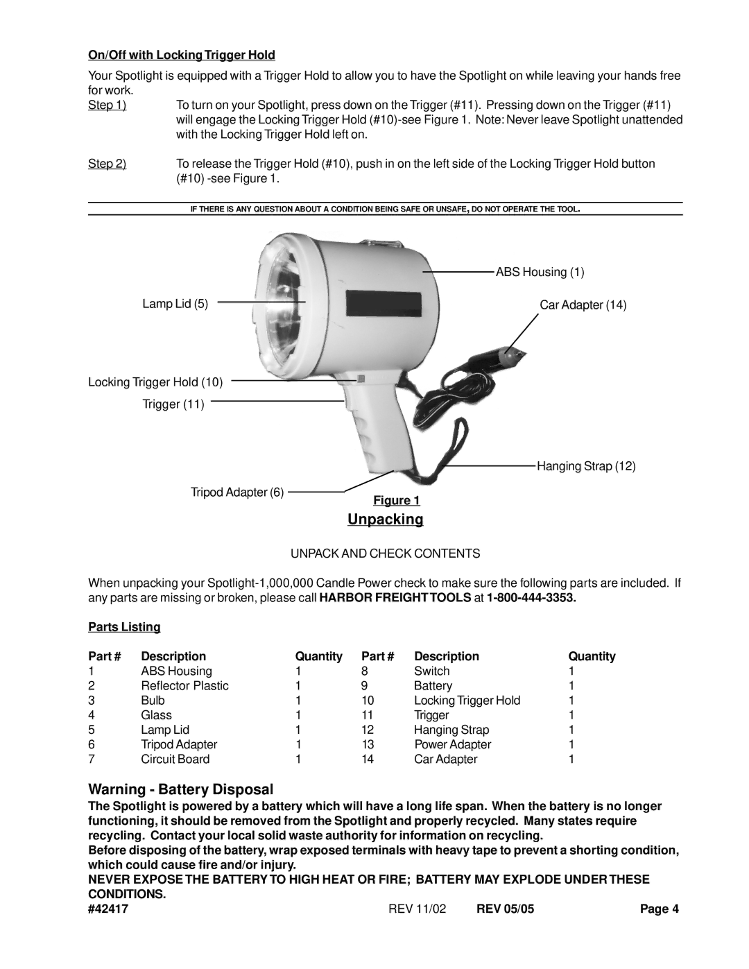 Chicago Electric 42417 On/Off with Locking Trigger Hold, Unpack and Check Contents, Parts Listing Description Quantity 