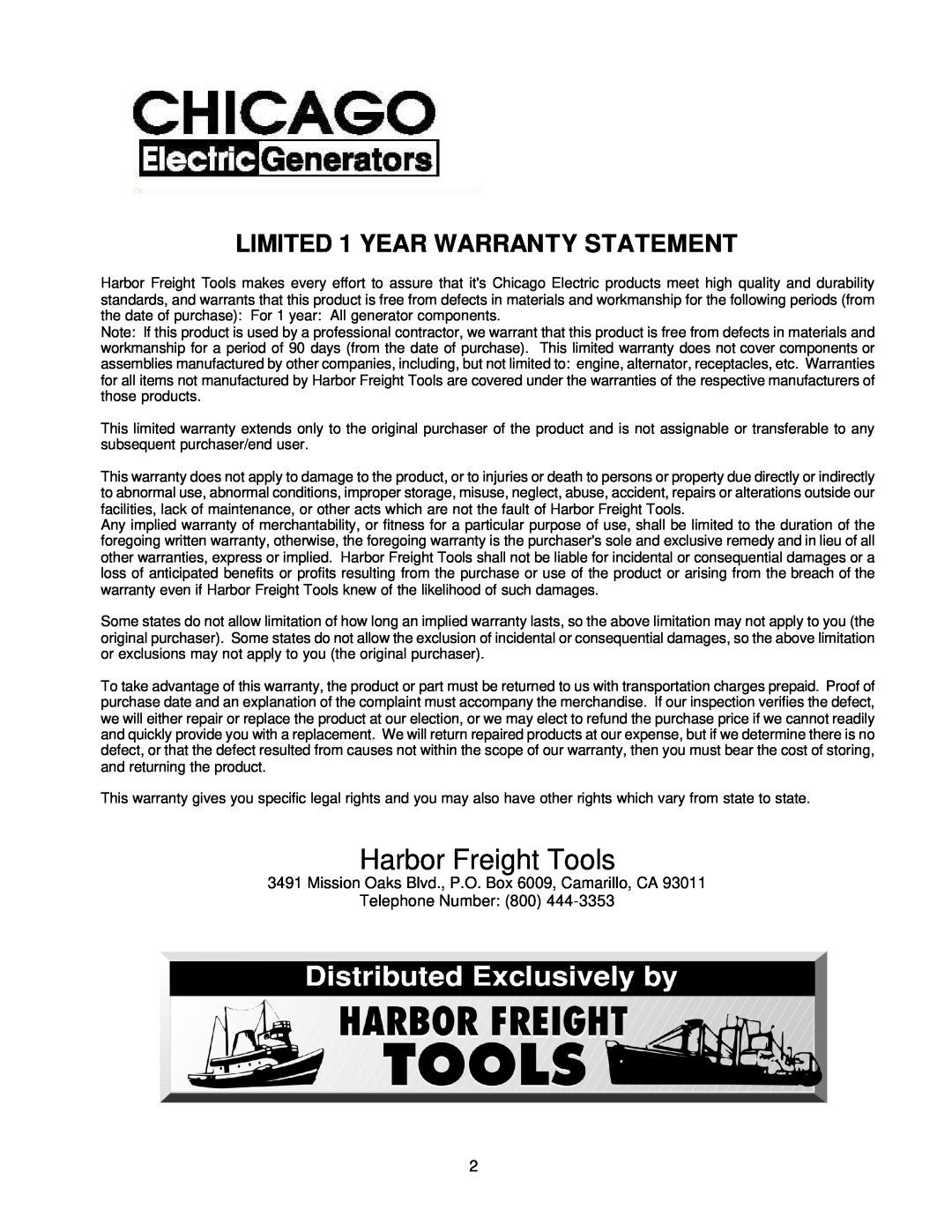 Chicago Electric 42723, 42727, 40814, 42724, 42725, 39461, 39982, 39984 LIMITED 1 YEAR WARRANTY STATEMENT, Harbor Freight Tools 