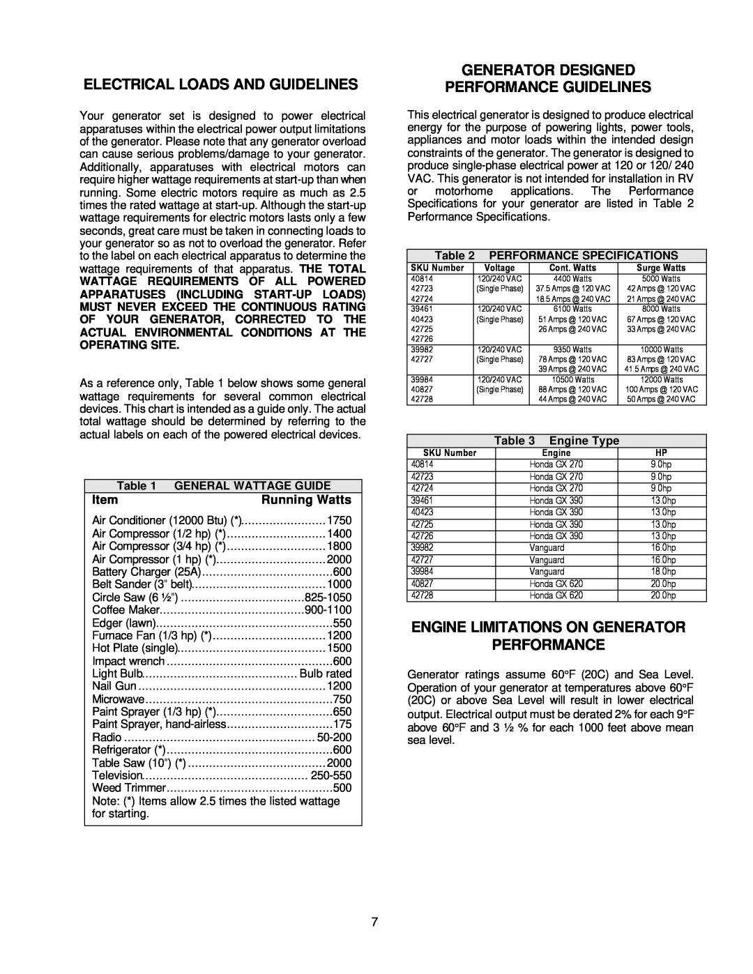 Chicago Electric 39984, 42727 Electrical Loads And Guidelines, Generator Designed Performance Guidelines, Running Watts 