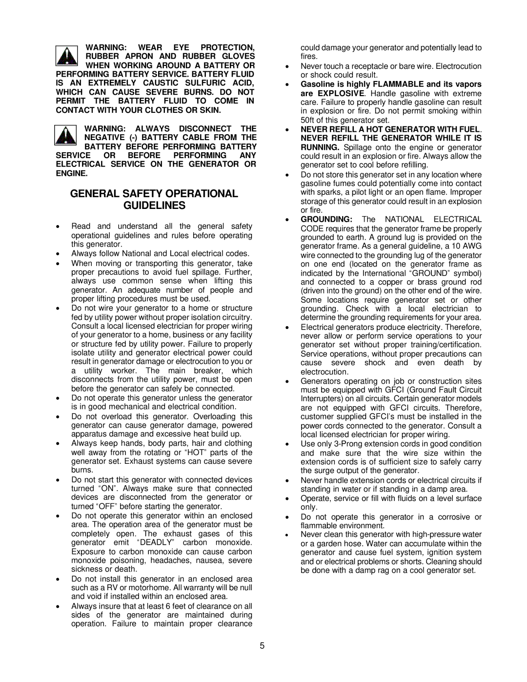 Chicago Electric 39461, 42727, 40814, 42723 General Safety Operational Guidelines, ∙ Never Refill a HOT Generator with Fuel 