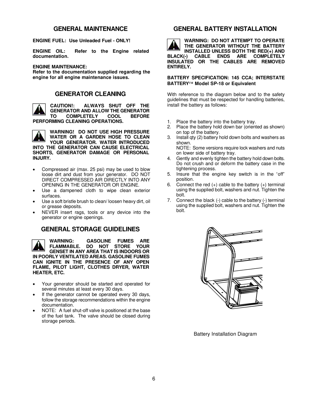 Chicago Electric 39982 General Maintenance, Generator Cleaning, General Storage Guidelines, General Battery Installation 