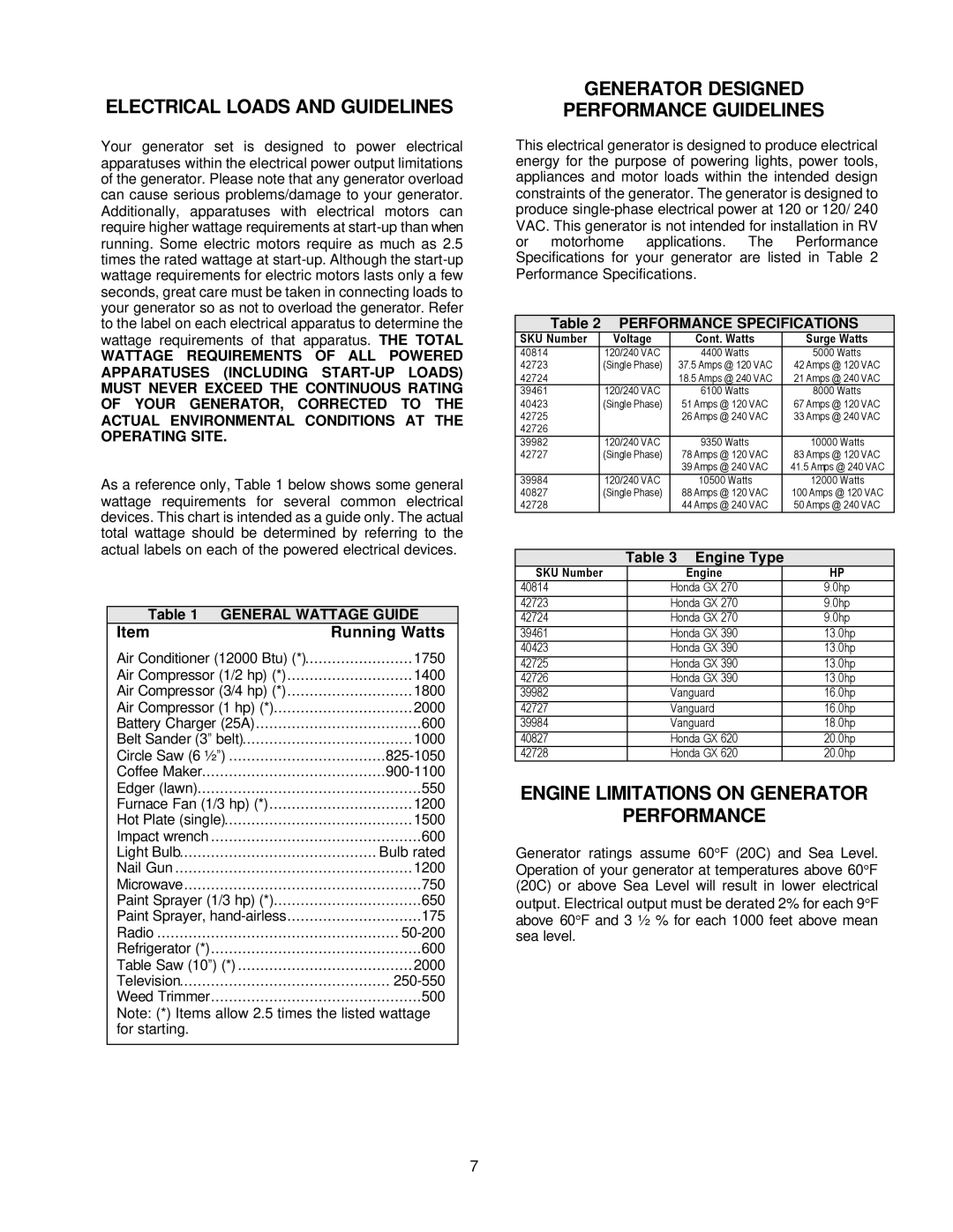 Chicago Electric 39984, 42727, 40814, 42723, 42724 Electrical Loads and Guidelines, Generator Designed Performance Guidelines 