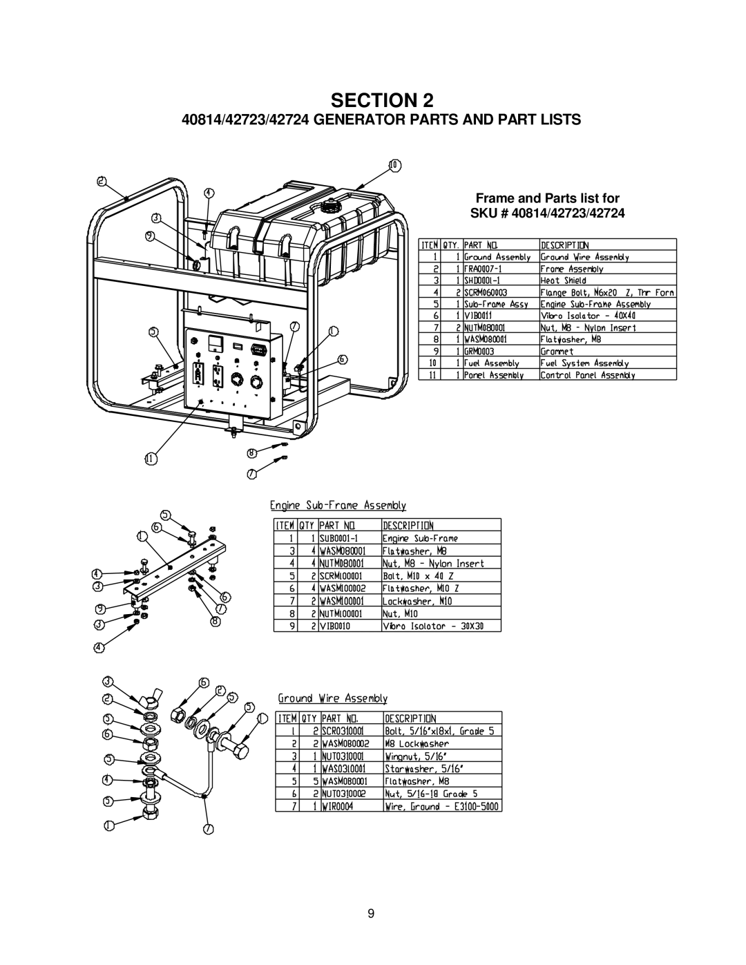 Chicago Electric 42726, 42727, 42725, 39461, 39982, 39984, 42728, 40827, 40423 40814/42723/42724 Generator Parts and Part Lists 