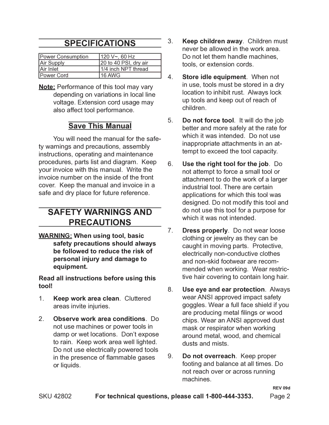 Chicago Electric 42802 Specifications, Safety Warnings Precautions, Save This Manual, For technical questions, please call 