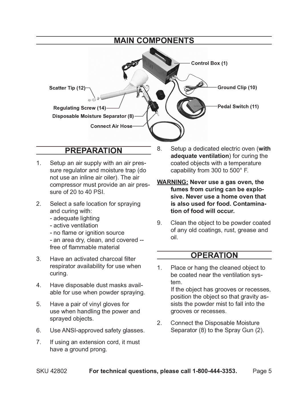 Chicago Electric 42802 operating instructions Main components, Preparation, Operation 