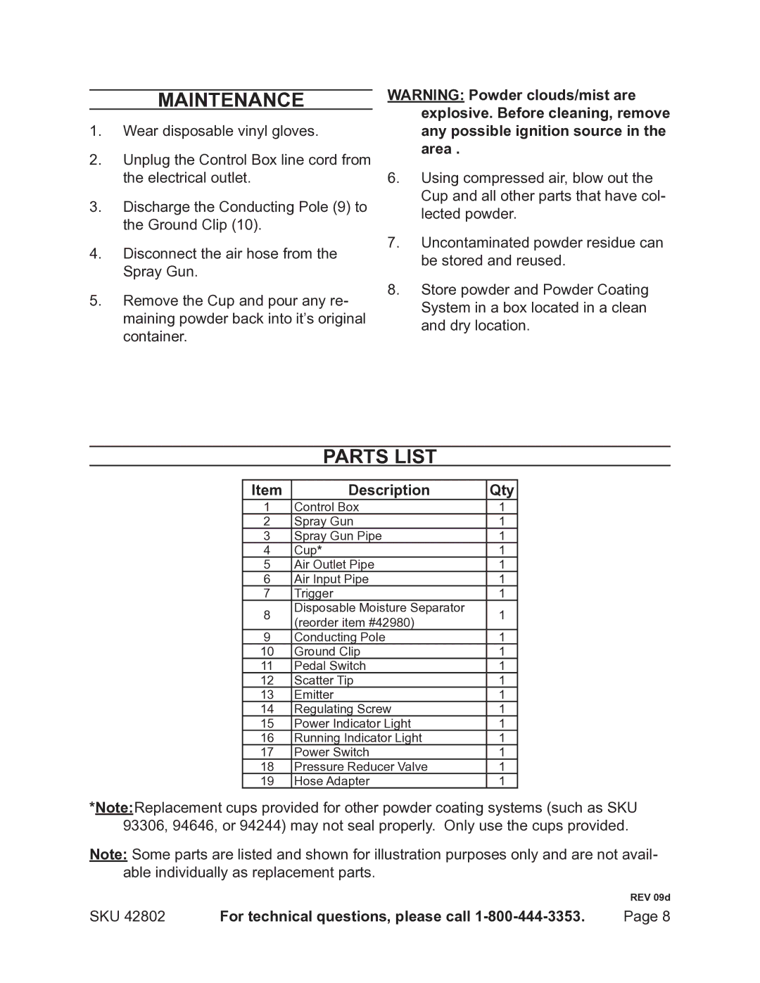 Chicago Electric 42802 operating instructions Maintenance, Parts List, Description Qty 