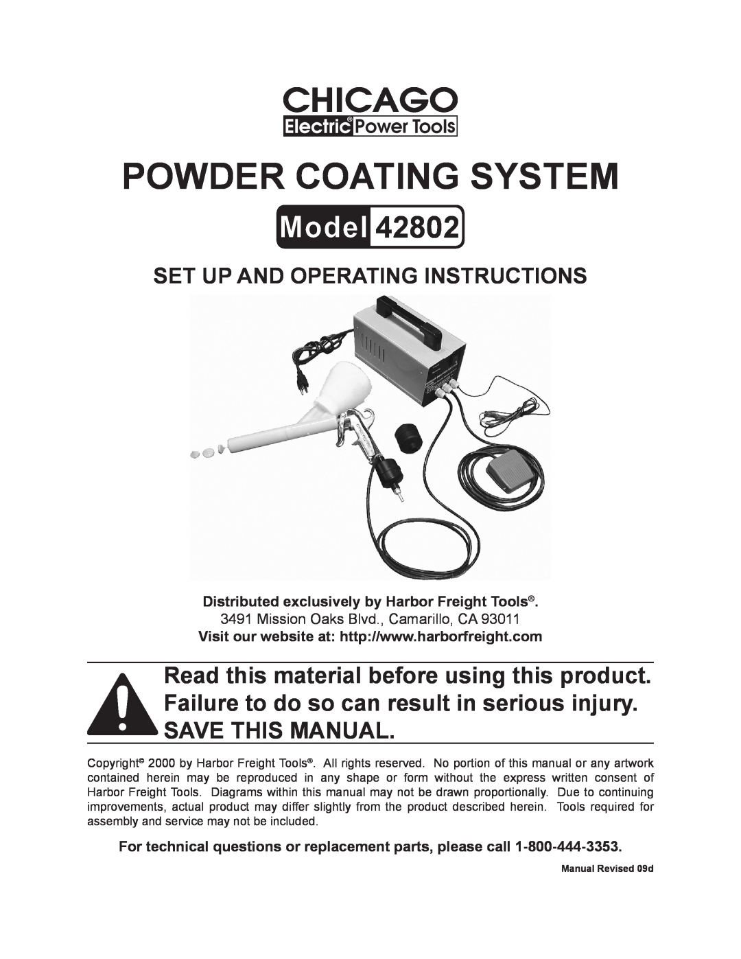 Chicago Electric 42802 operating instructions Distributed exclusively by Harbor Freight Tools, Powder Coating System 