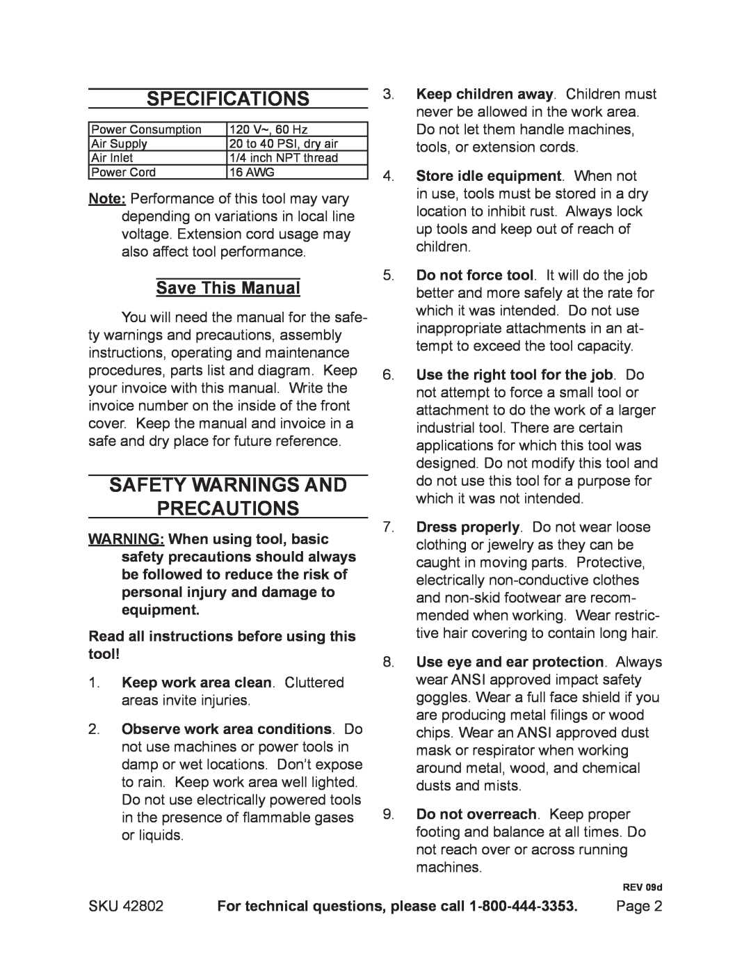 Chicago Electric 42802 operating instructions Specifications, Safety Warnings and Precautions, Save This Manual 