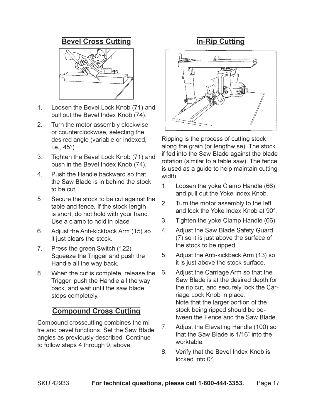 Chicago Electric 42933 operating instructions Bevel Cross Cutting, Compound Cross Cutting 