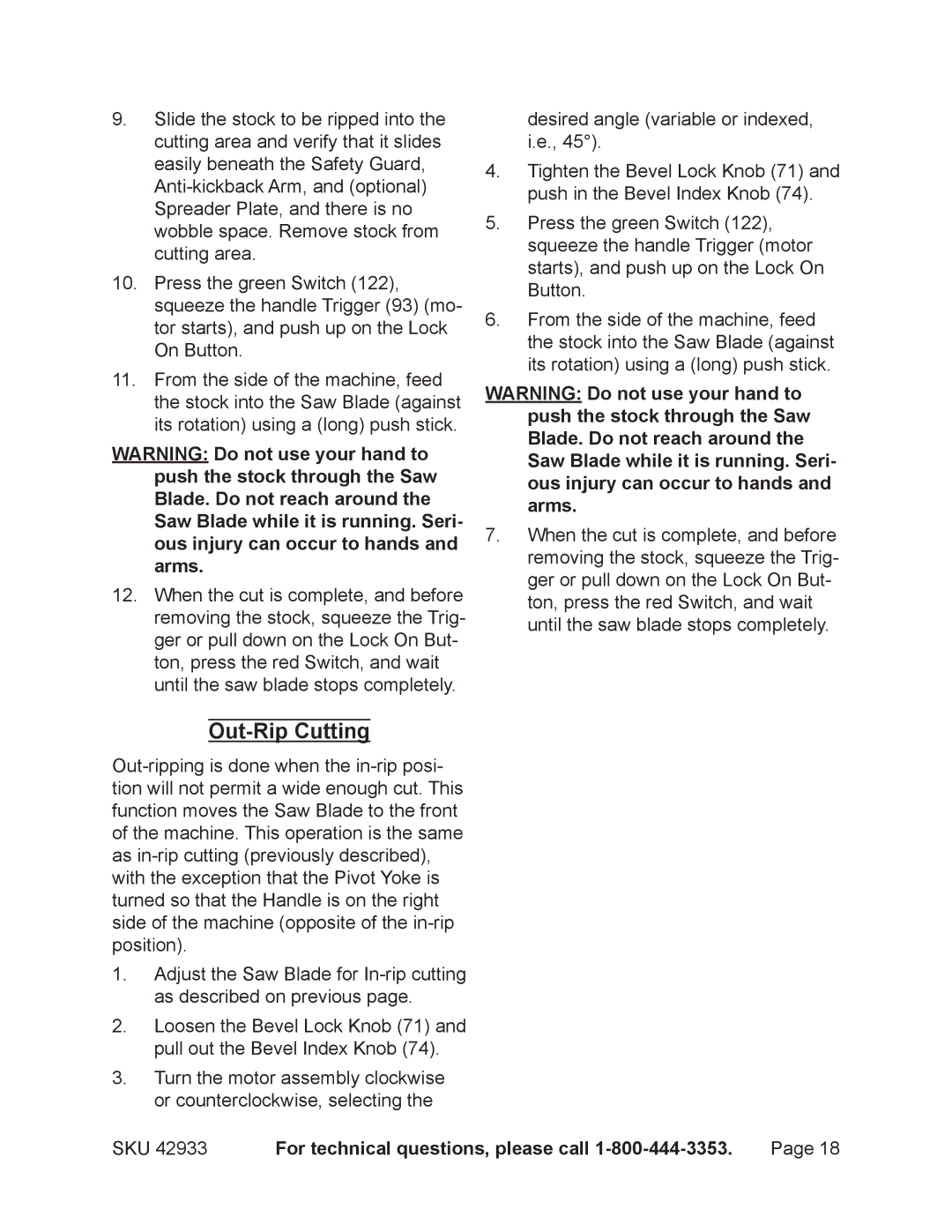 Chicago Electric 42933 operating instructions Out-Rip Cutting 