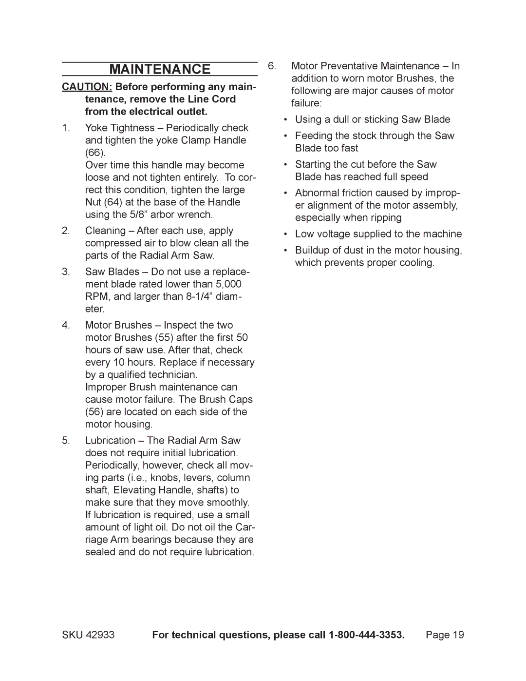 Chicago Electric 42933 operating instructions Maintenance 