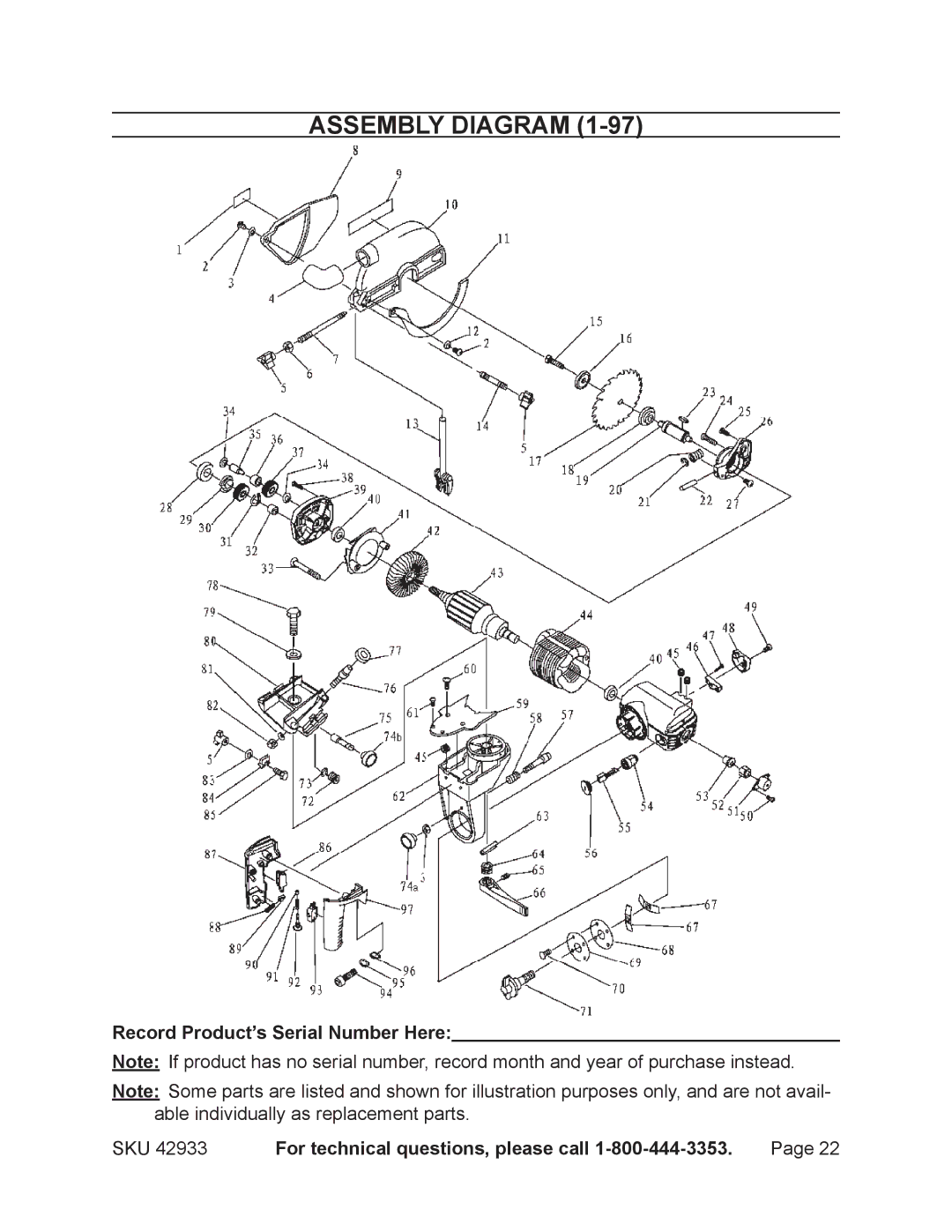 Chicago Electric 42933 operating instructions Assembly Diagram, Record Product’s Serial Number Here 