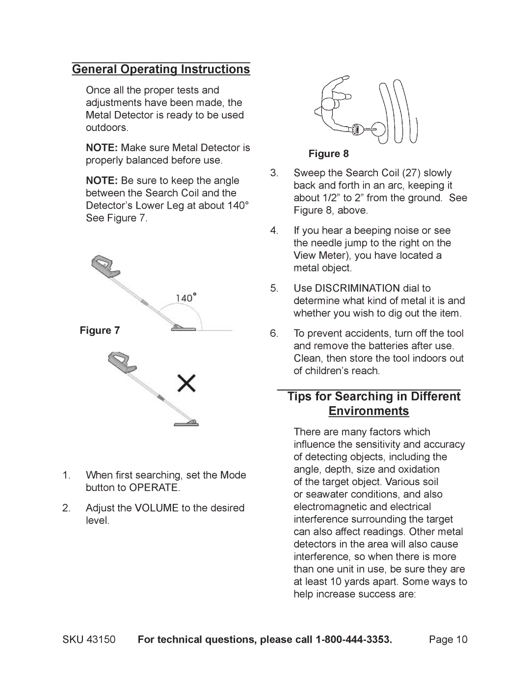 Chicago Electric 43150 operating instructions General Operating Instructions, Tips for Searching in Different Environments 