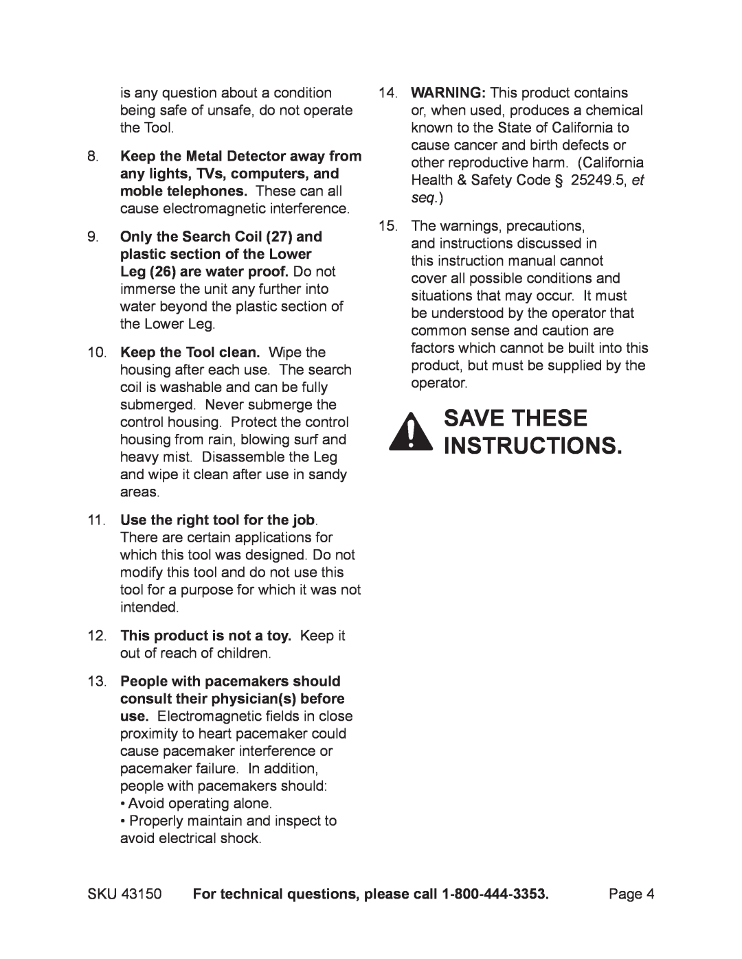 Chicago Electric 43150 operating instructions Save these instructions 