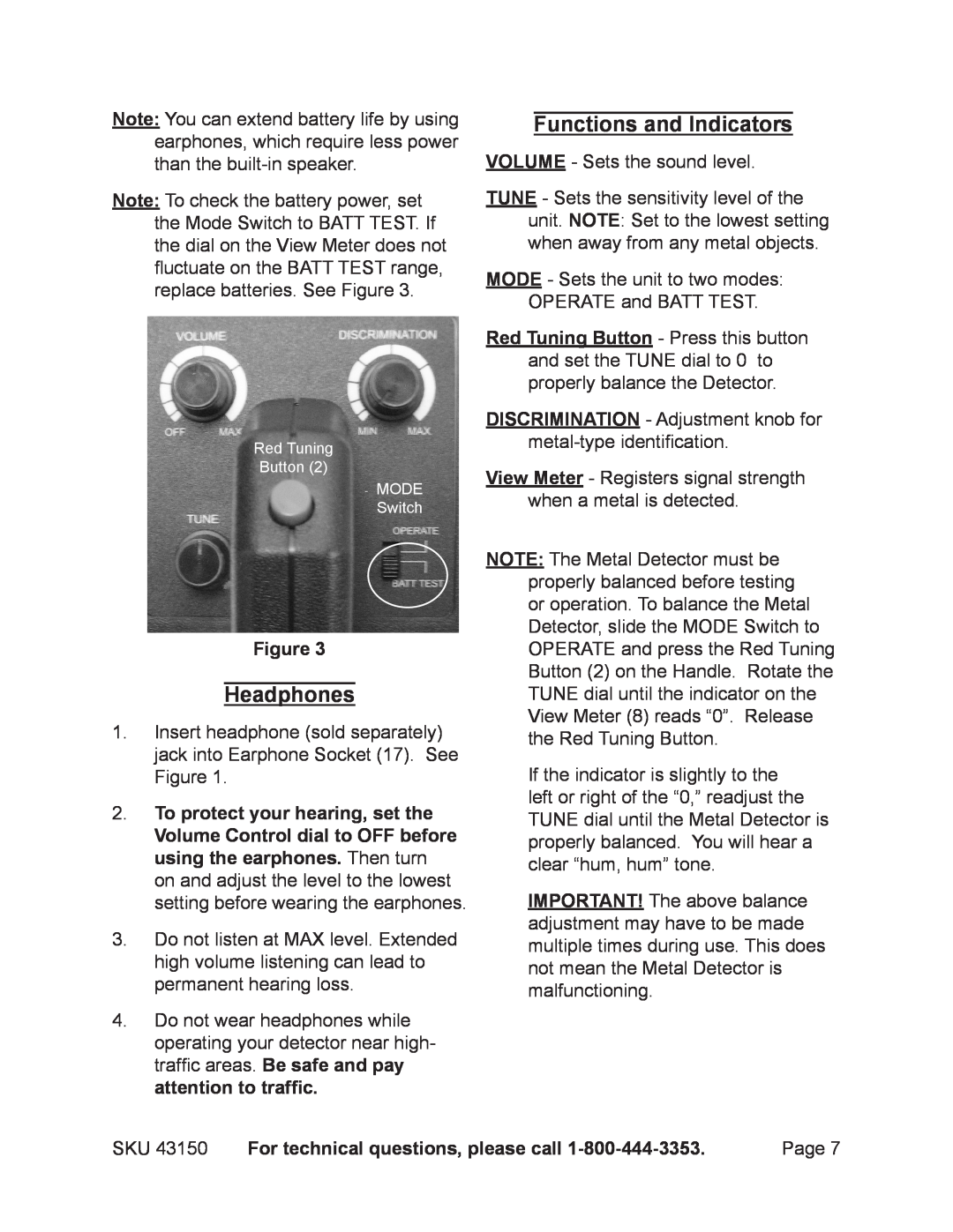 Chicago Electric 43150 operating instructions Headphones, Functions and Indicators, For technical questions, please call 