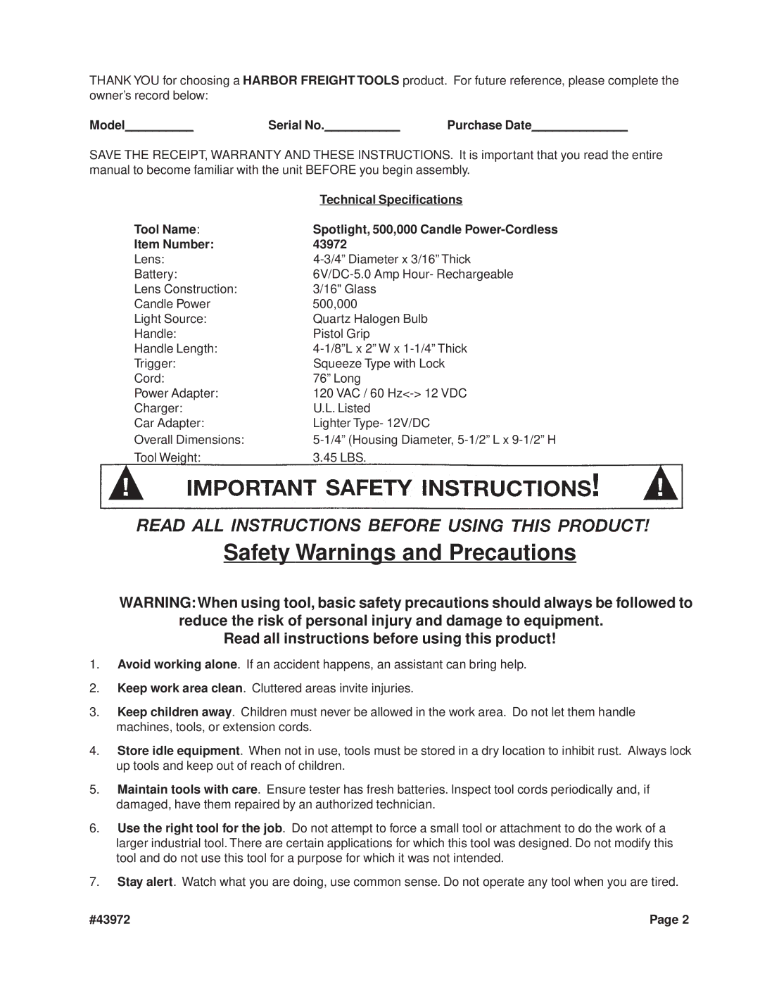 Chicago Electric Read all instructions before using this product, Model Serial No Purchase Date, #43972 