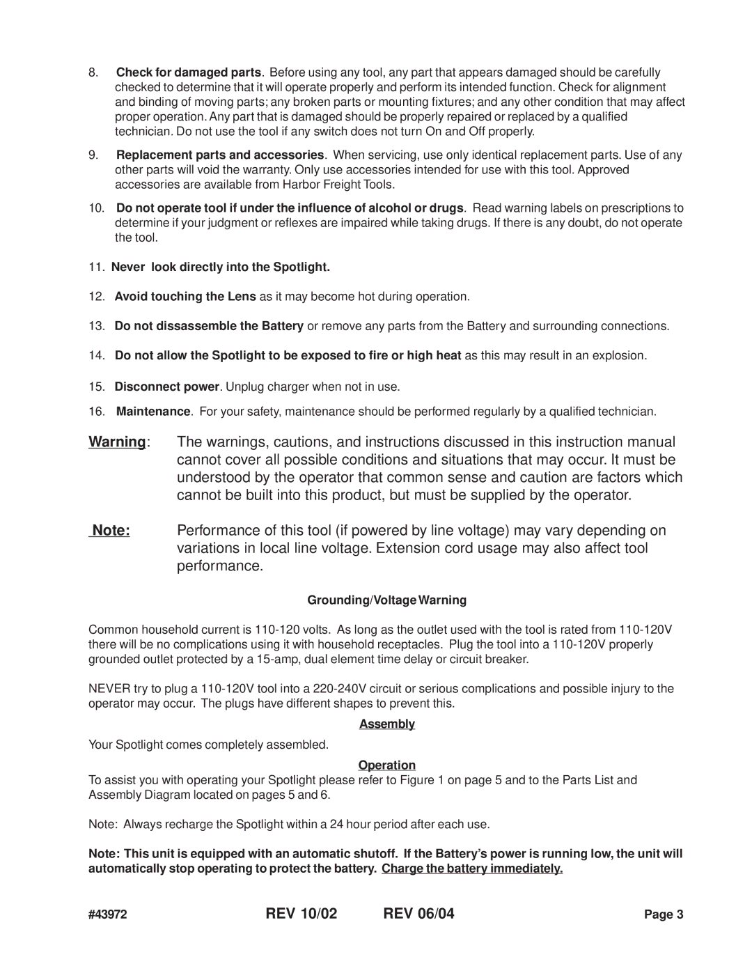 Chicago Electric 43972 operating instructions REV 10/02 REV 06/04, Grounding/Voltage Warning, Assembly, Operation 