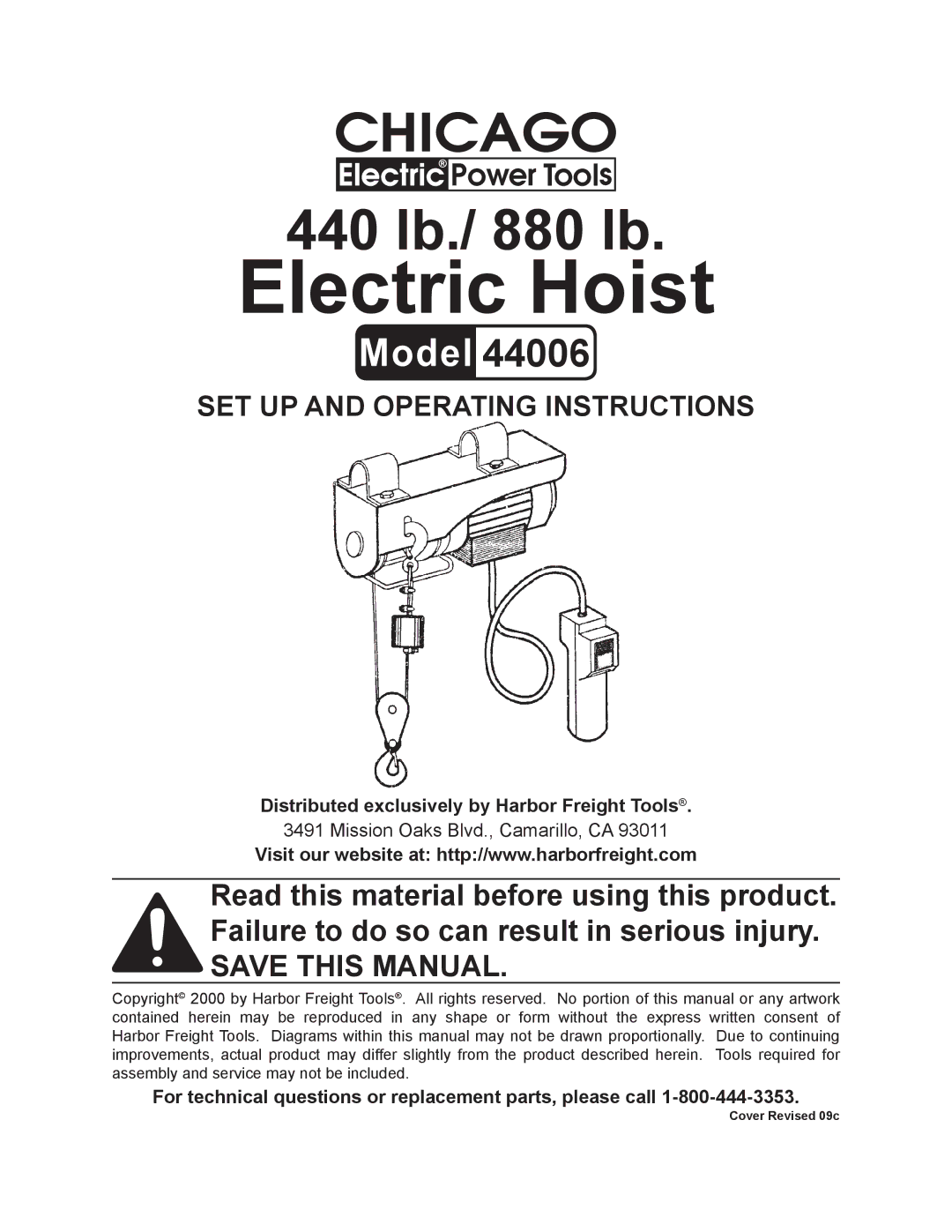 Chicago Electric 44006 operating instructions Electric Hoist 