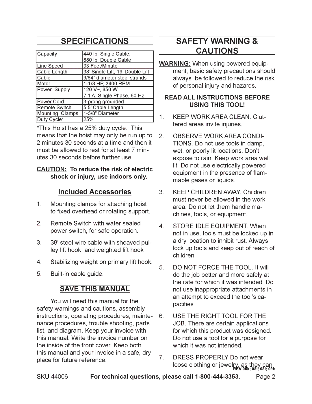 Chicago Electric 44006 operating instructions Specifications, Safety Warning 