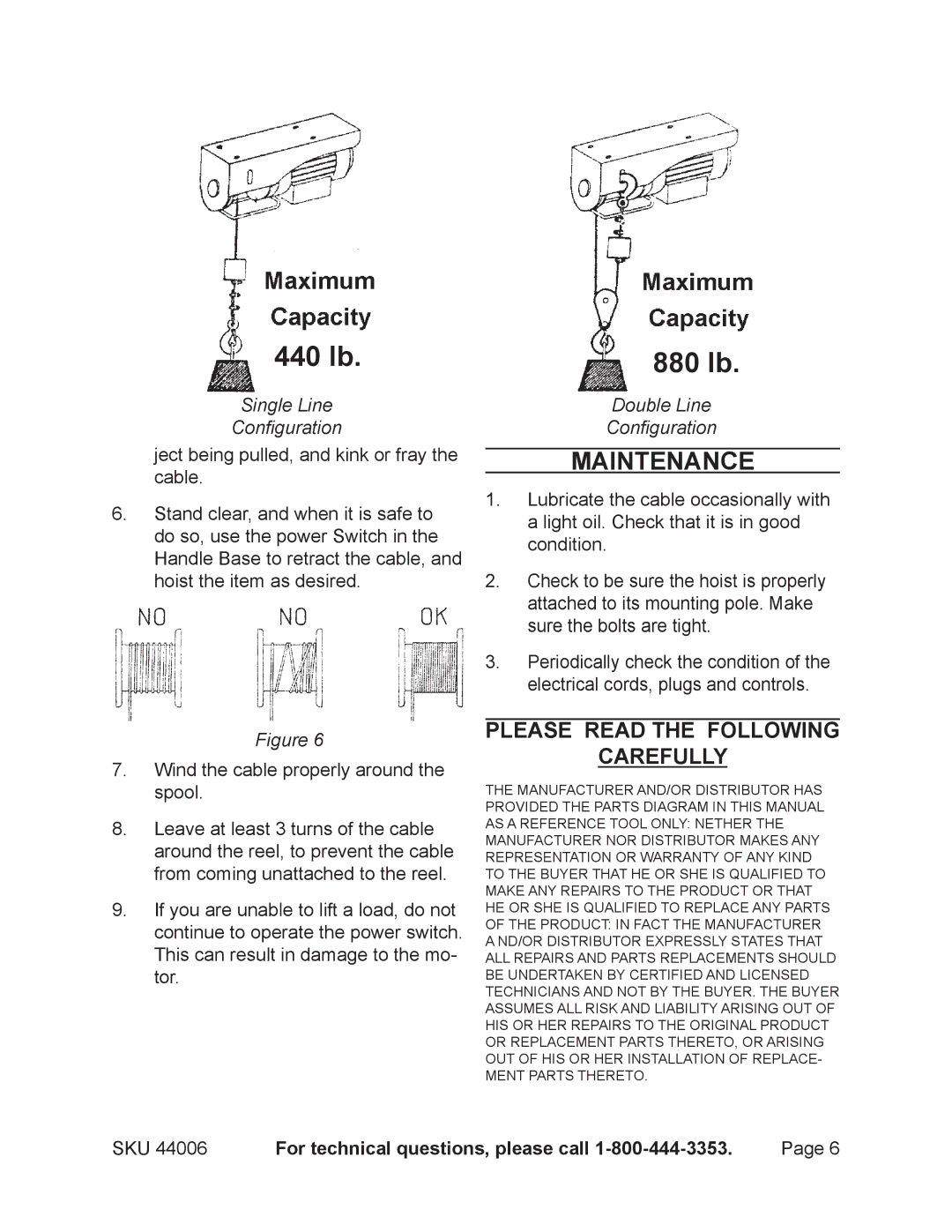 Chicago Electric 44006 operating instructions 440 lb 880 lb, Maintenance 