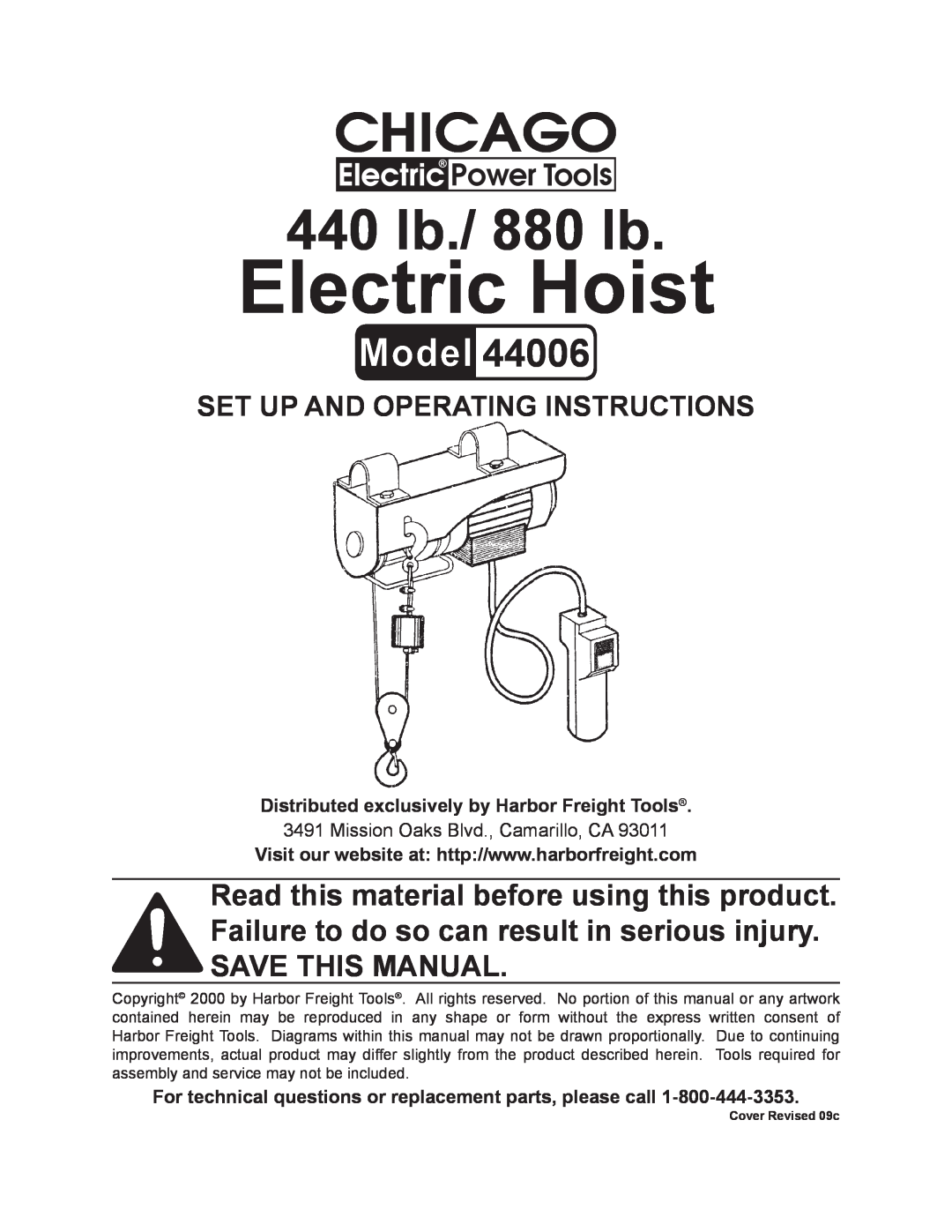 Chicago Electric 44006 operating instructions Set Up And Operating Instructions, Electric Hoist, 440 lb./ 880 lb 