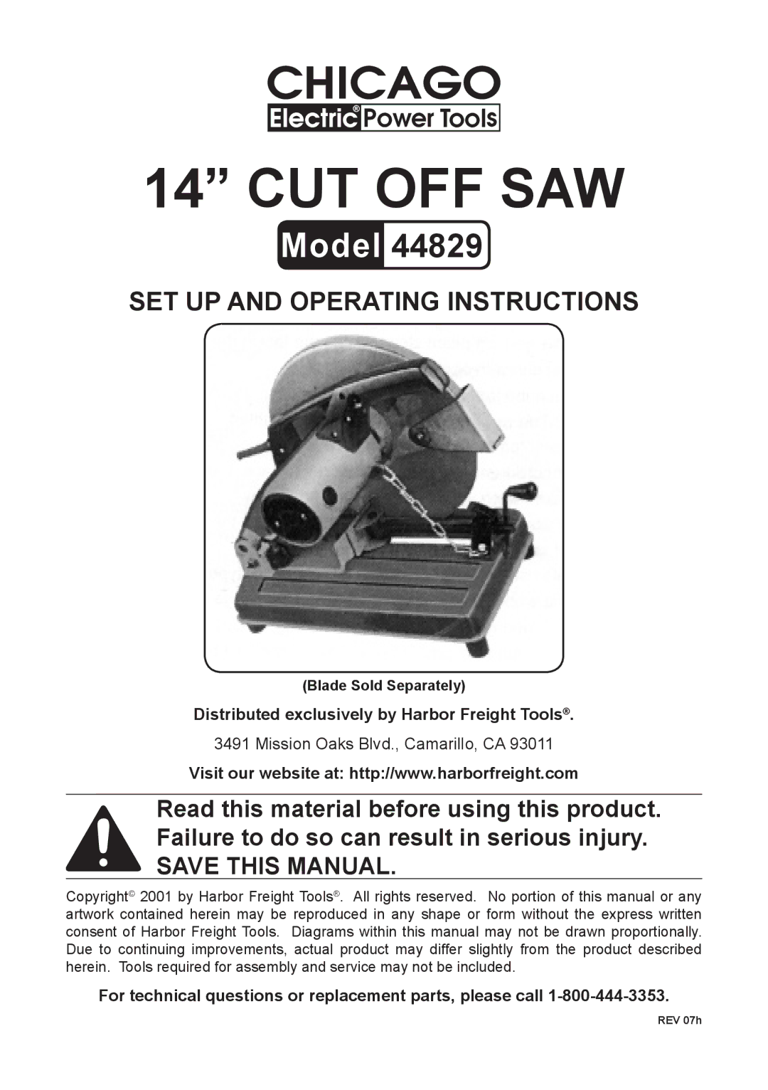 Chicago Electric 44829 operating instructions Cut Off Saw 