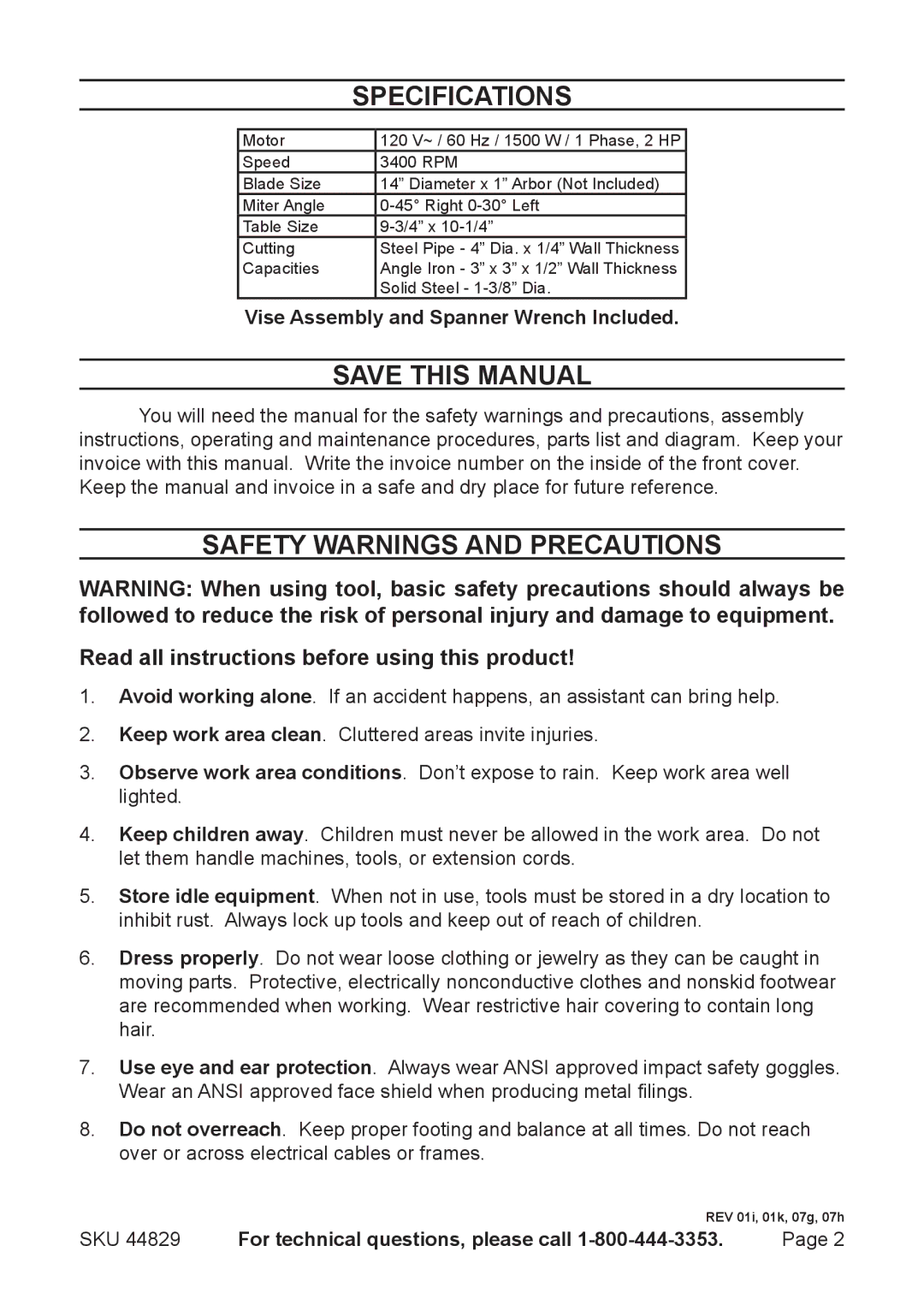 Chicago Electric 44829 operating instructions Specifications, Save This Manual, Safety Warnings and Precautions 