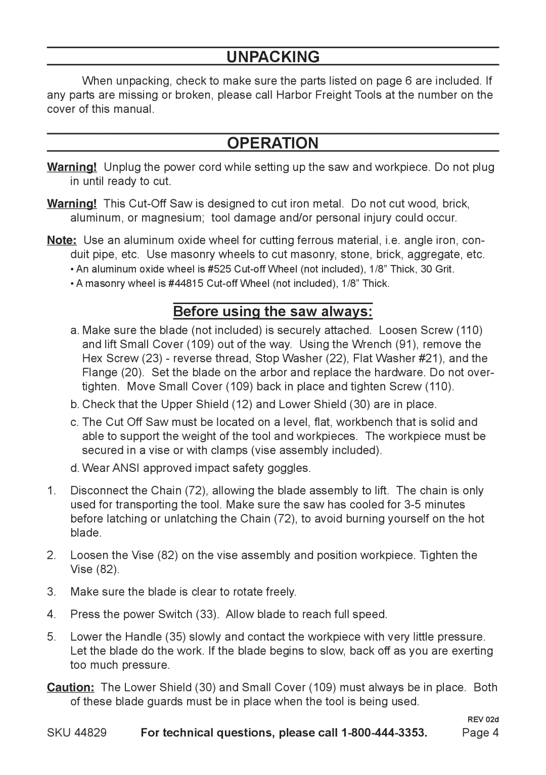 Chicago Electric 44829 operating instructions Unpacking, Operation, Before using the saw always 